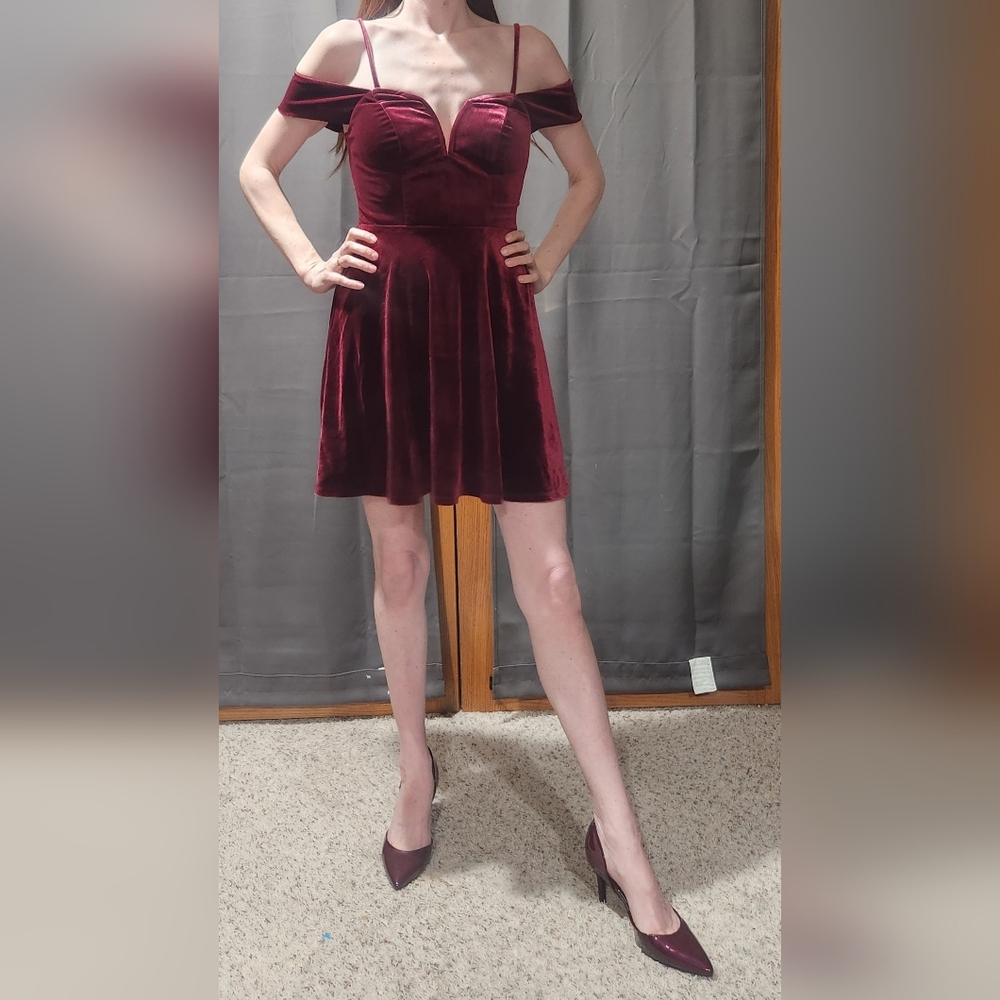 City Studio Off-Shoulder Burgandy Velvet  Fit And Flare  Dress